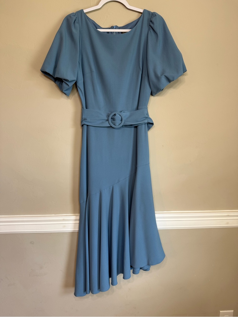 Taylor Dusty Blue Puff-Sleeve Midi Dress with Belt